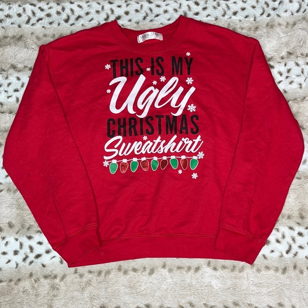 Wound Up Red Ugly Christmas Sweatshirt Graphic Crewneck Juniors Medium 7-9